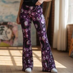 J. Valentine Rave Pink Silver Sequin Swirl sheer Mesh Pants Medium Bell Bottom